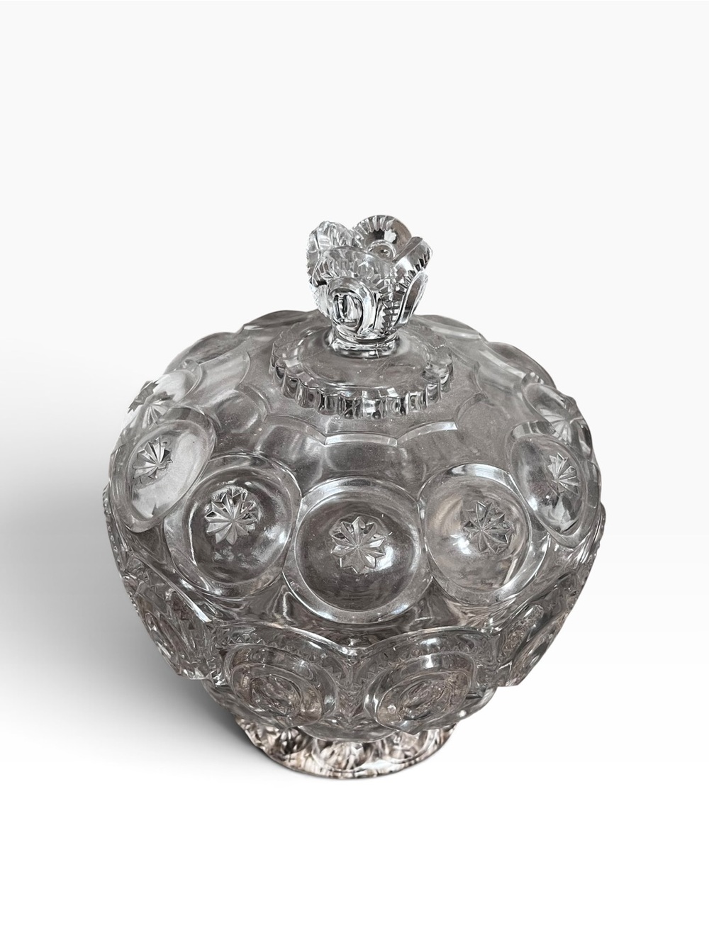 US Glass c. 1890 Moon and Stars EAPG Glass Candy Covered Compote Bowl w/ Lid